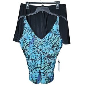 Kate Kasin Plus Size 2X Tankini Swimsuit Skirt Set Blue Leaf Tropical V-Neck NEW